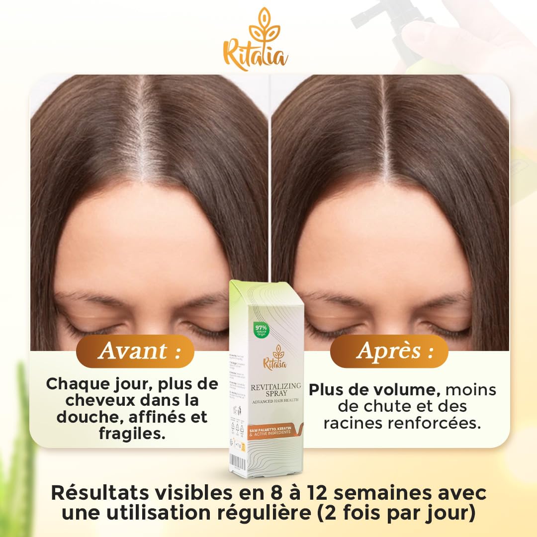 Ritalia | Spray pousse cheveux, lotion 100ml, beige | Saw Palmetto, caféine, kératine, 97% naturel | Renforce, épaissit, favorise la croissance cheveux femme homme