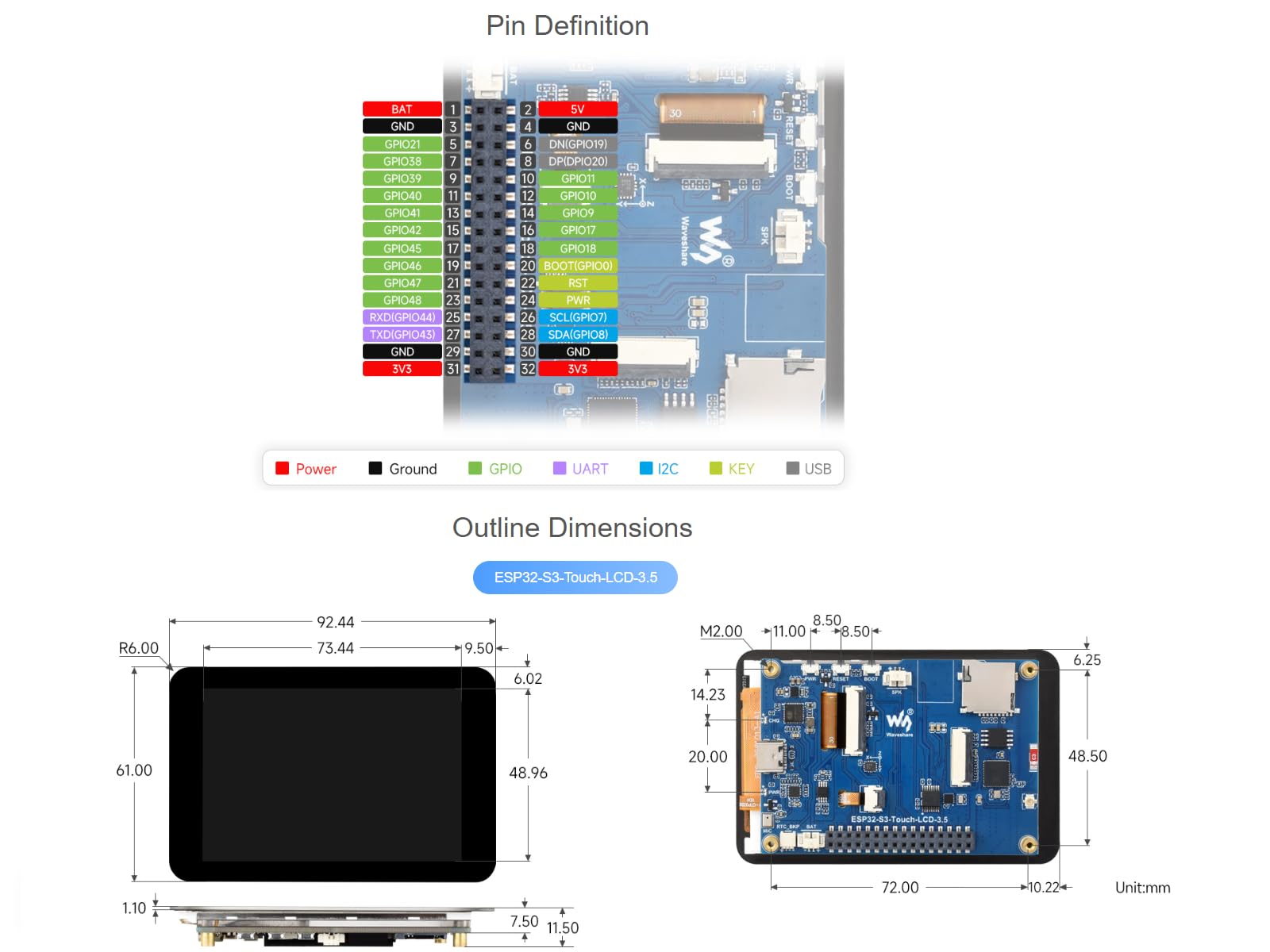 Waveshare ESP32-S3 3.5inch Capacitive Touch Display Development Board 320×480 Pixels 262K Color IPS LCD Panel Supports Wi-Fi and Bluetooth 5,Supports ESP-IDF, Arduino IDE