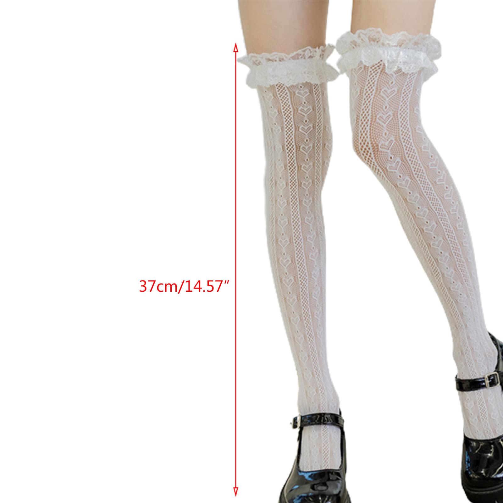 QIXIAMO Fishnet Thigh High Socks Heart Striped Lace Ruffled Over Knee Stockings: Black