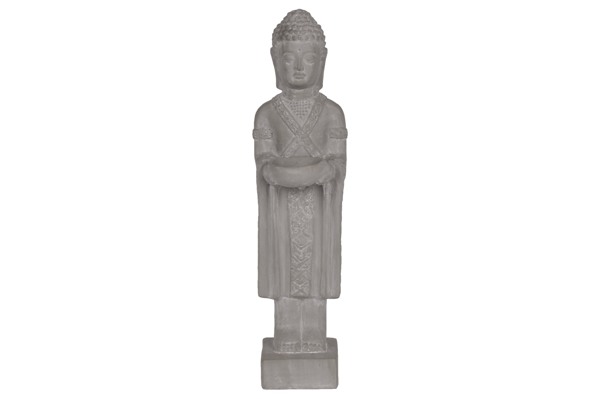 Urban Trends 28349 Ceramic Standing Buddha Figurine with Rounded Ushnisha Holding Bowl On Base Washed Concrete Finish, Gray