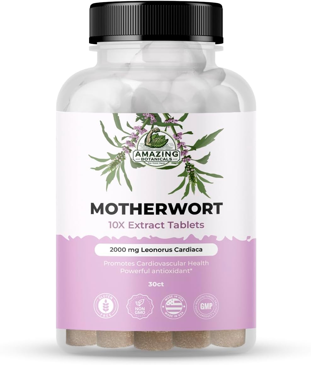 Amazing Botanicals Motherwort 10X Extract Tablets 2,000 mg - High Potency Herbal Supplement for Wellness and Vitality - 30 Tablets