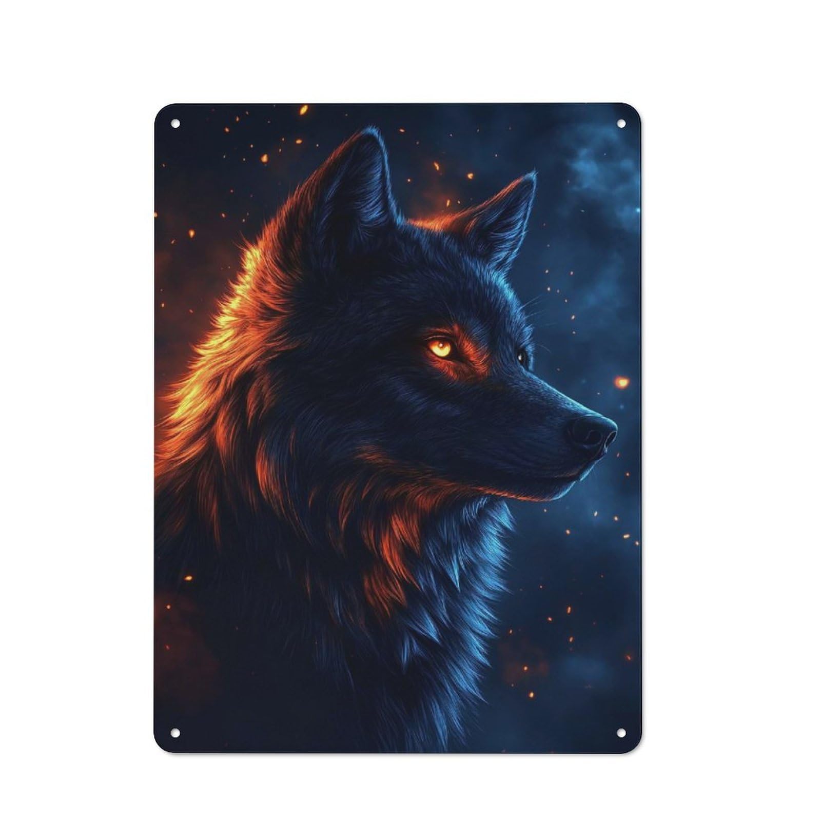 Junmoney Style-20 Fiery Wolf Portrait Rustic Tin Sign 40X30cm For Lounge Or Reading Corner, For Metal Sign Collectors, For Cafés, Pubs And Restaurants
