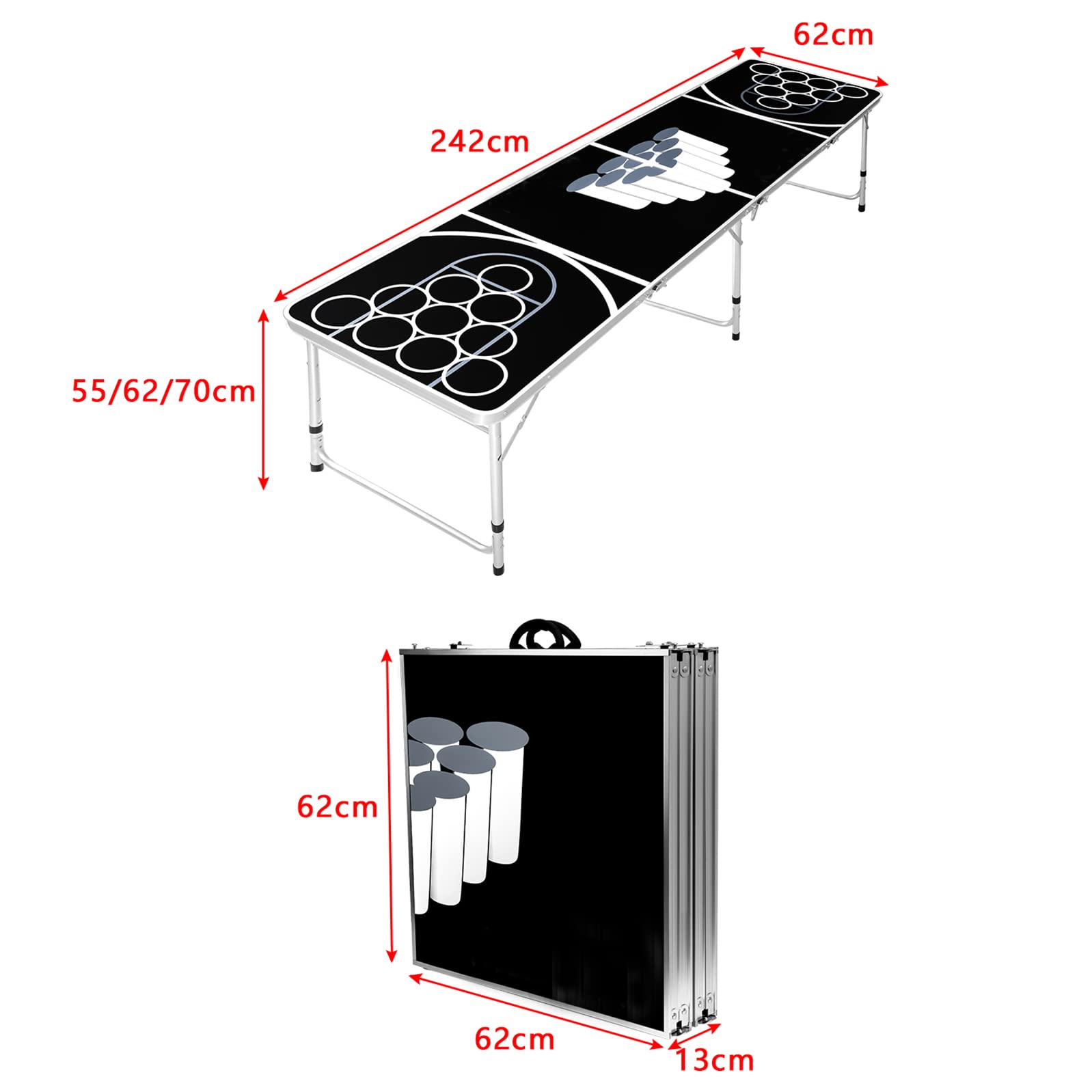 LZQ Stół Beer Pong Beer Pong z regulacją wysokości składane gry imprezowe gry picie wraz z 5 piłkami i 100 kubkami w kolorze czerwonym i niebieskim (po 50 szt.) odporny na zadrapania i wodę