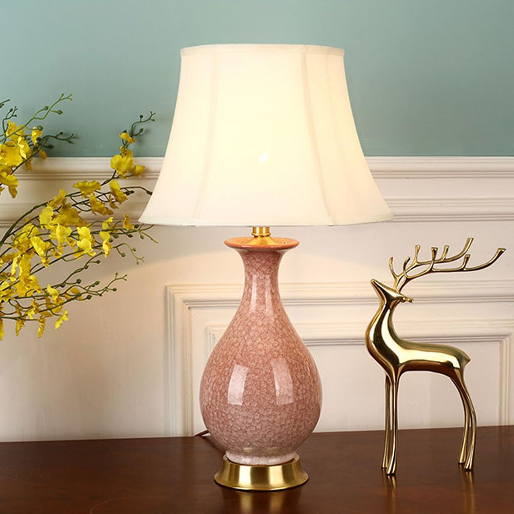 SGKOMN 25.2" Ceramic Desk Lamp, Green/Pink Crack Glaze Table Lamp Vintage Ceramic Lamp Body With Fabric Lampshade Bedside Desk Lamp Personality Decorative For Living Room, Bedro-A