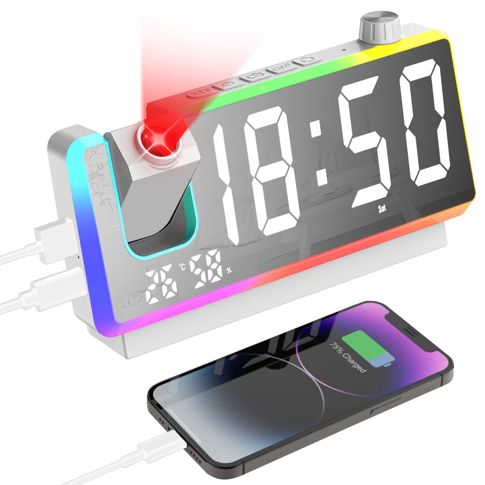 Cuteefun Projection Alarm Clock, Digital Alarm Clock Bedside with Large 7" LED Display, 8 Mode RGB Night Light, 180° Projector, Dual Alarms, Dual USB Port, Temperature and Humidity, Dimmer, White