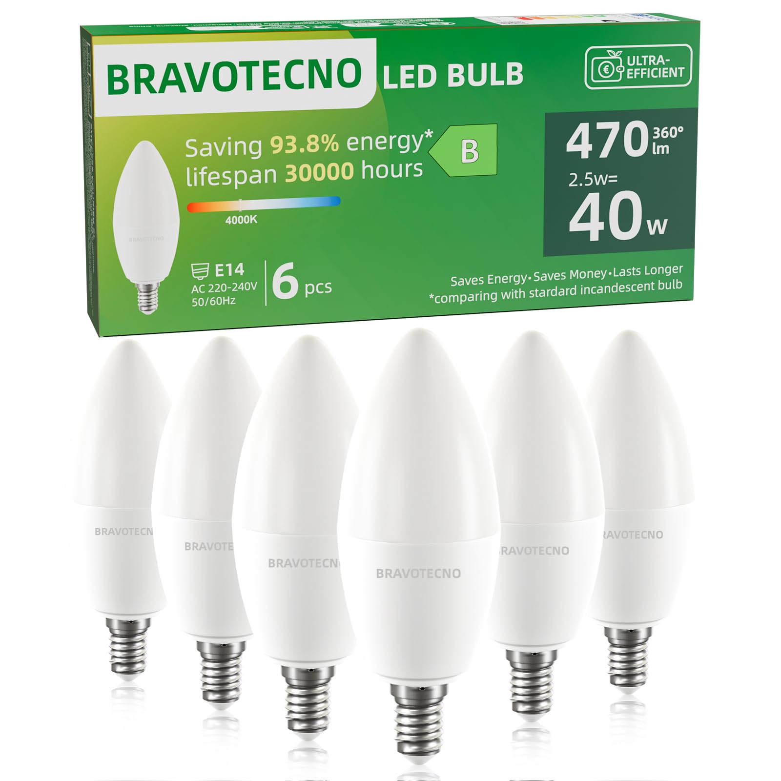 bravotecno E14 LED Glühbirne, Energieklasse B E14 LED Neutralweiss, 4000K 2.5W 470LM C37 Neutralweiß Leuchtmittel Entspricht 40W, 360° Abstrahlwinkel, Nicht Dimmbar, Wärmearm & Langlebig, 6 Stück