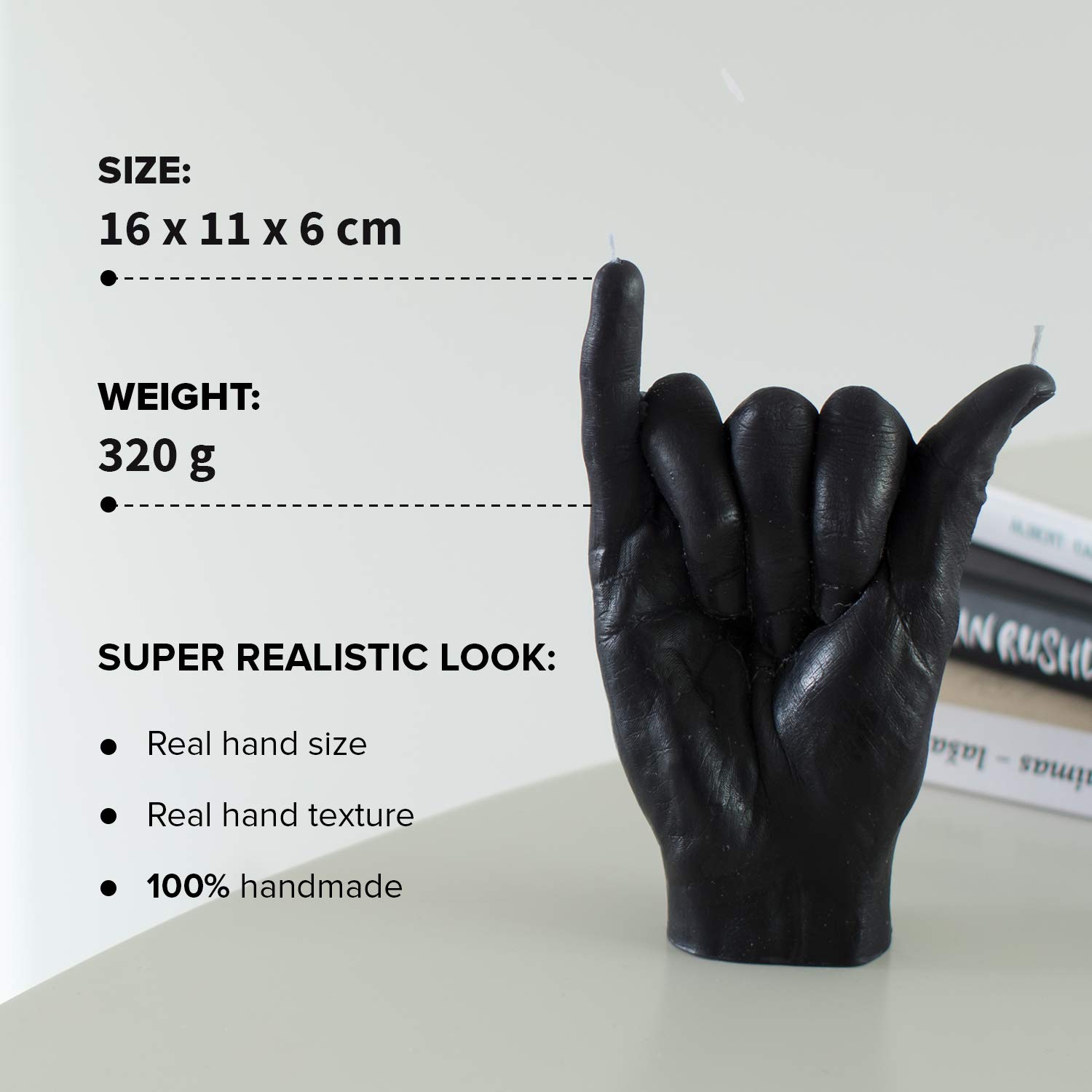 Świeca gestu ręki SHAKA - duży rozmiar prawdziwej ręki 17 x 11 x 6 cm - ręcznie robiona statua dekoracji domu - prezent na biuro i urodziny (Czarny)
