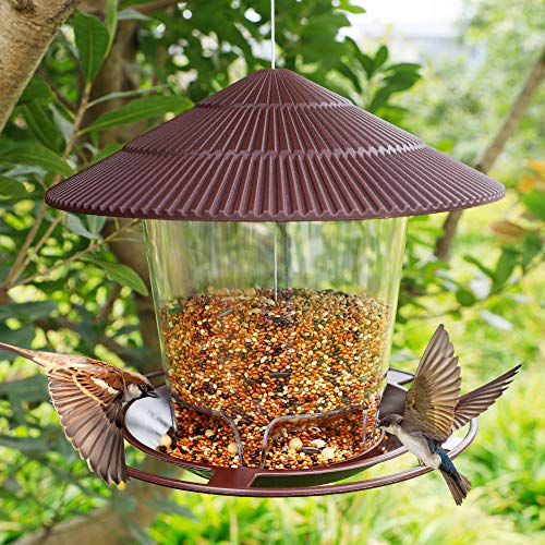 FORUP Panorama Bird Feeder, Hanging Wild Bird Feeder with Round Shaped Roof, Gazebo Bird Feeder for Outside Garden Yard Decoration, Brown