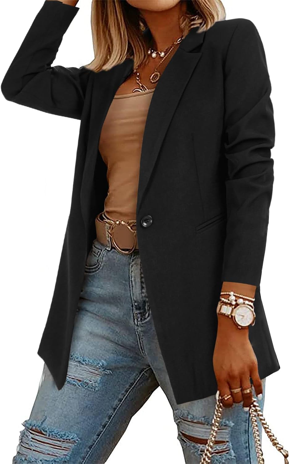 Rooscier Women’s Blazer Jackets Long Sleeve Lapel Work Office Suits with Padded Shoulder