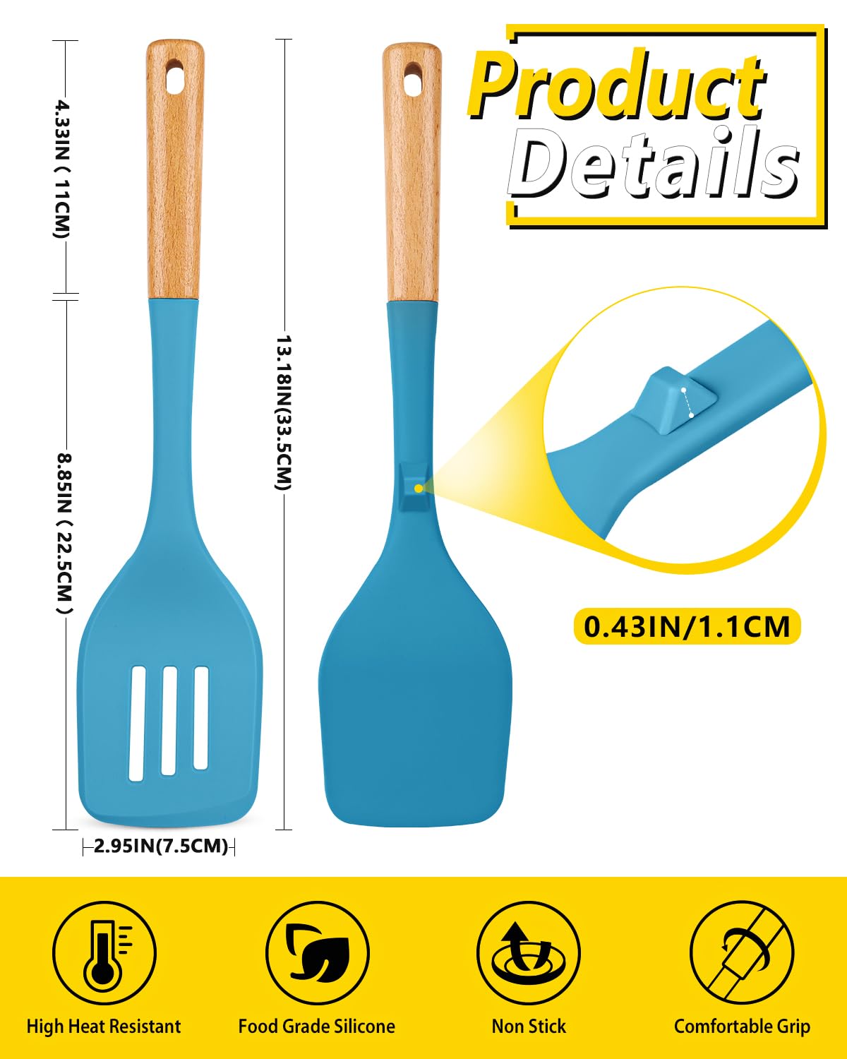 Pack of 2 Large Silicone Spatula, Heat Resistant Solid Turner, Non Stick Slotted Spatulas with Wooden Handle - Image 3