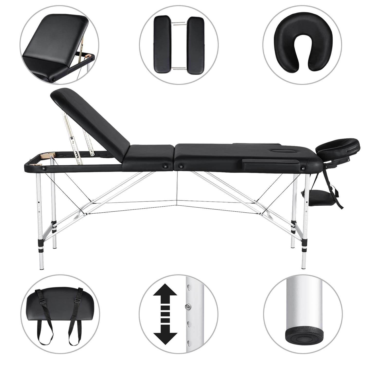 Yaheetech - Mesa de Masaje Plegable Profesional 3 sección, 60 x 213 cm, Cama de Masaje con Altura Ajustable, reposamuñecas ergonómicas para Masaje SPA y Tatuaje, Color Negro