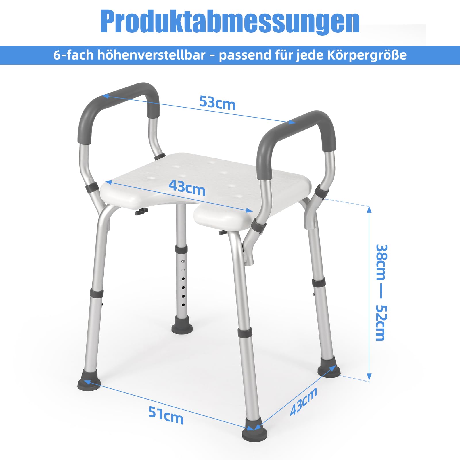 Duschhocker mit Armlehnen&EVA-Sitz,Duschstuhl höhenverstellbar als Badestuhl für Senioren,53cm Shower Chair extrabreit,Badhocker bis 150 kg belastbar,Duschhilfe werkzeugfreie Montage,Shower Stool