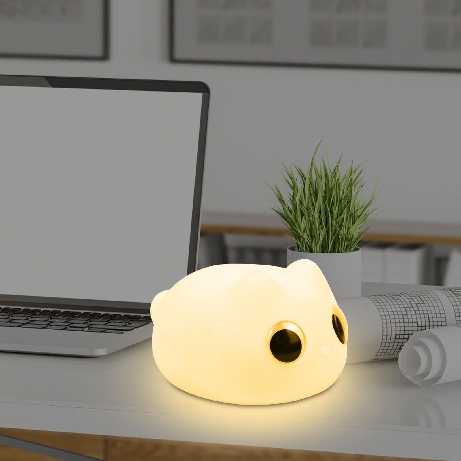 Teksome Luz nocturna para niños, lámpara de escritorio de gato, luz nocturna de silicona recargable, bonita lámpara de mesa, lámpara de mesita de noche, decoración de habitación de guardería