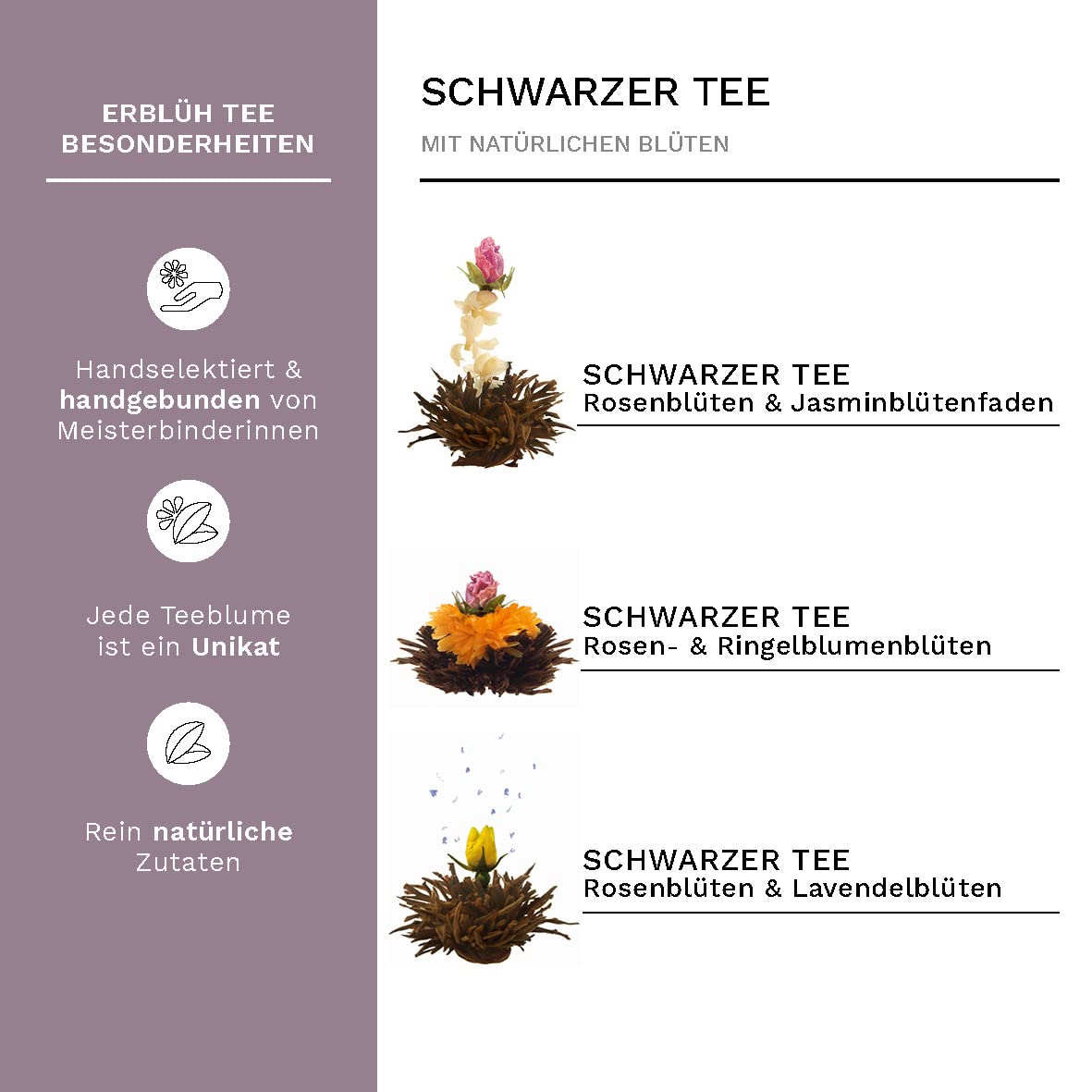 Creano Teeblumen - Mix Geschenkset Erblühtee mit Glaskanne in edler Holz-Dekobox - 6 verschiedene Teerosen in 3 Sorten (Schwarzer Tee)