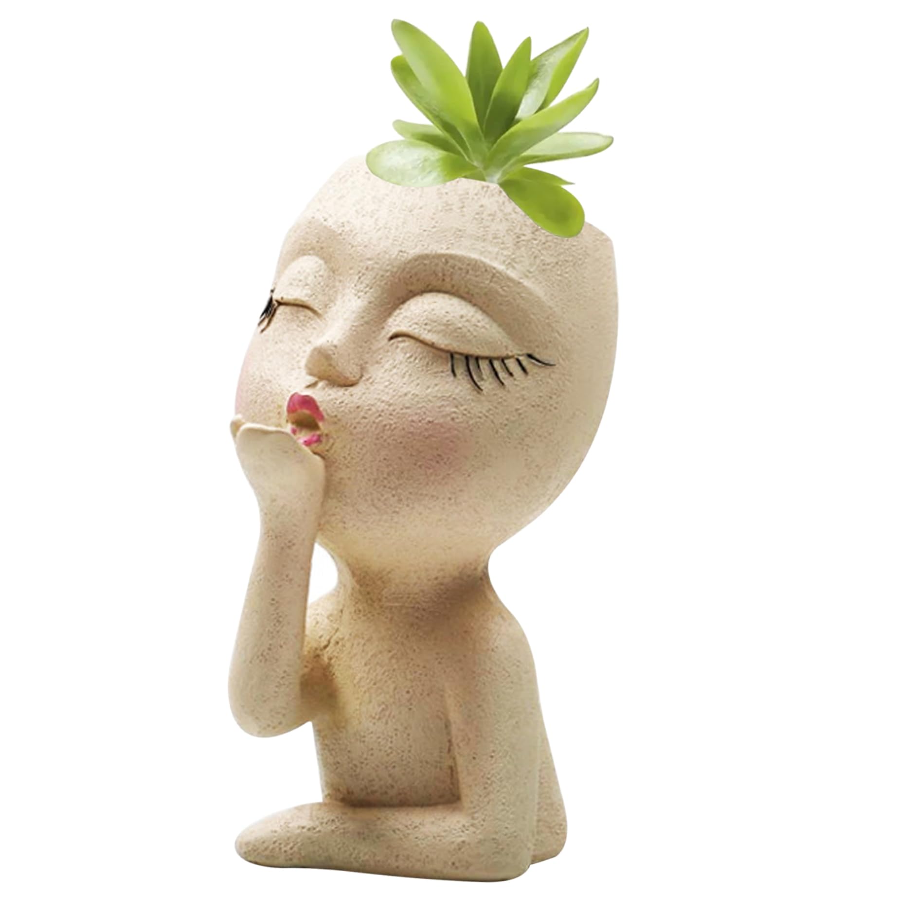 Vistnale Girls Beige Yellow Face Planter Cute Face Flower Pot Throwing Kisses Resin Head Planter Vivid Decorative Unique Plant Pots For Home Balcony Garden Yard, |Planters
