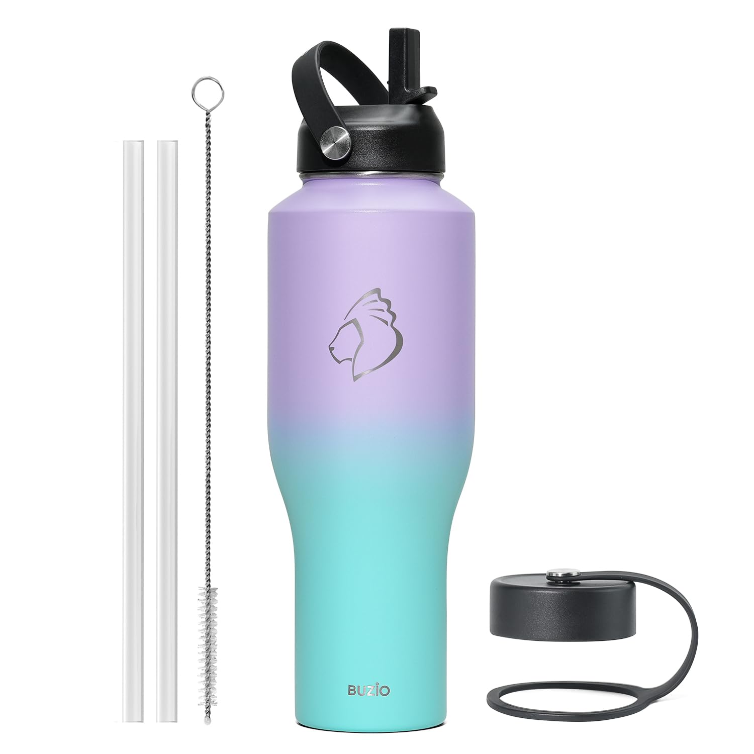BUZIO Water Bottle 40oz Fits in Cup Holder, Double Wall Vacuum Insulated Tumbler with Lid and Straw, Leakproof 18/8 Stainless Steel Travel Flask Water