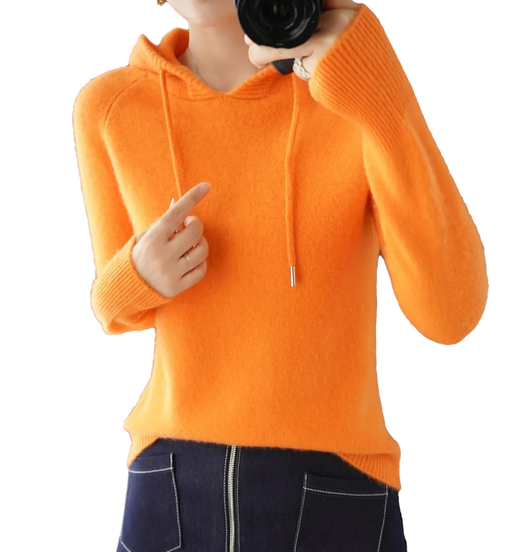 Yeuyyben Maglione da donna in lana merino capispalla con cappuccio colletto pullover invernale fondello maglieria casual caldo morbido top arancione, Arancione, XL