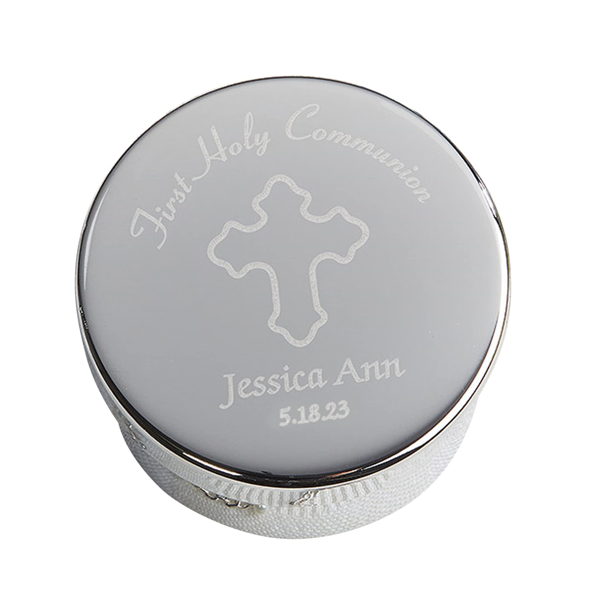 Personalization Universe Engraved First Holy Communion Rosary Case - Silver Plated Jewelry Organizer Box with Custom Text, Elegant Keepsake for Boys and Girls, 1st Communion Gift