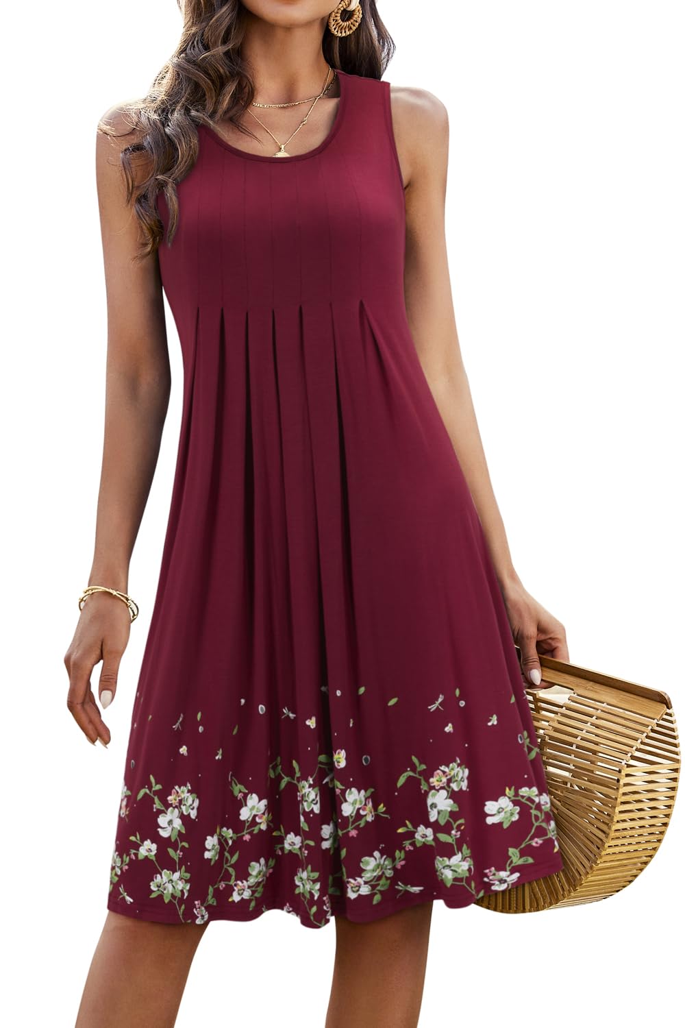 KILIG Summer Dresses for Women UK Beach Casual Sundress Ladies Sleeveless Tank Dress Midi Floral Cover Ups (A1-Wine, XXL)