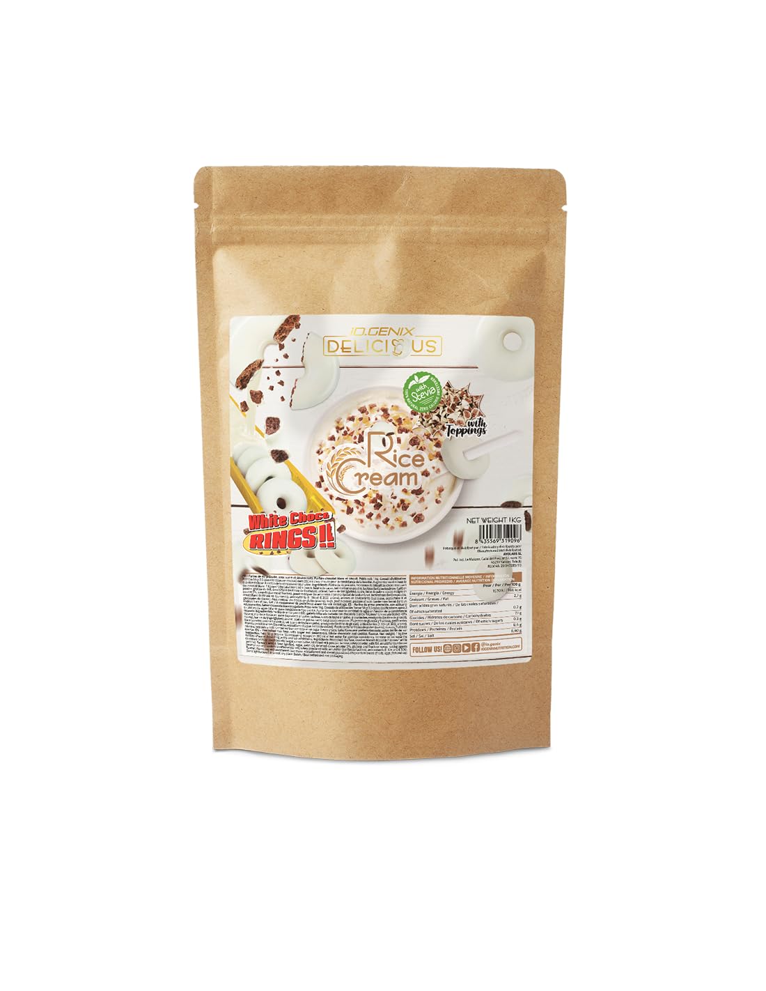 iO.GENIX - Crema de Arroz | 1 kg | Harina de Arroz Precocida | Fuente de Energia | Buena Digestibilidad (White Choco Rings)