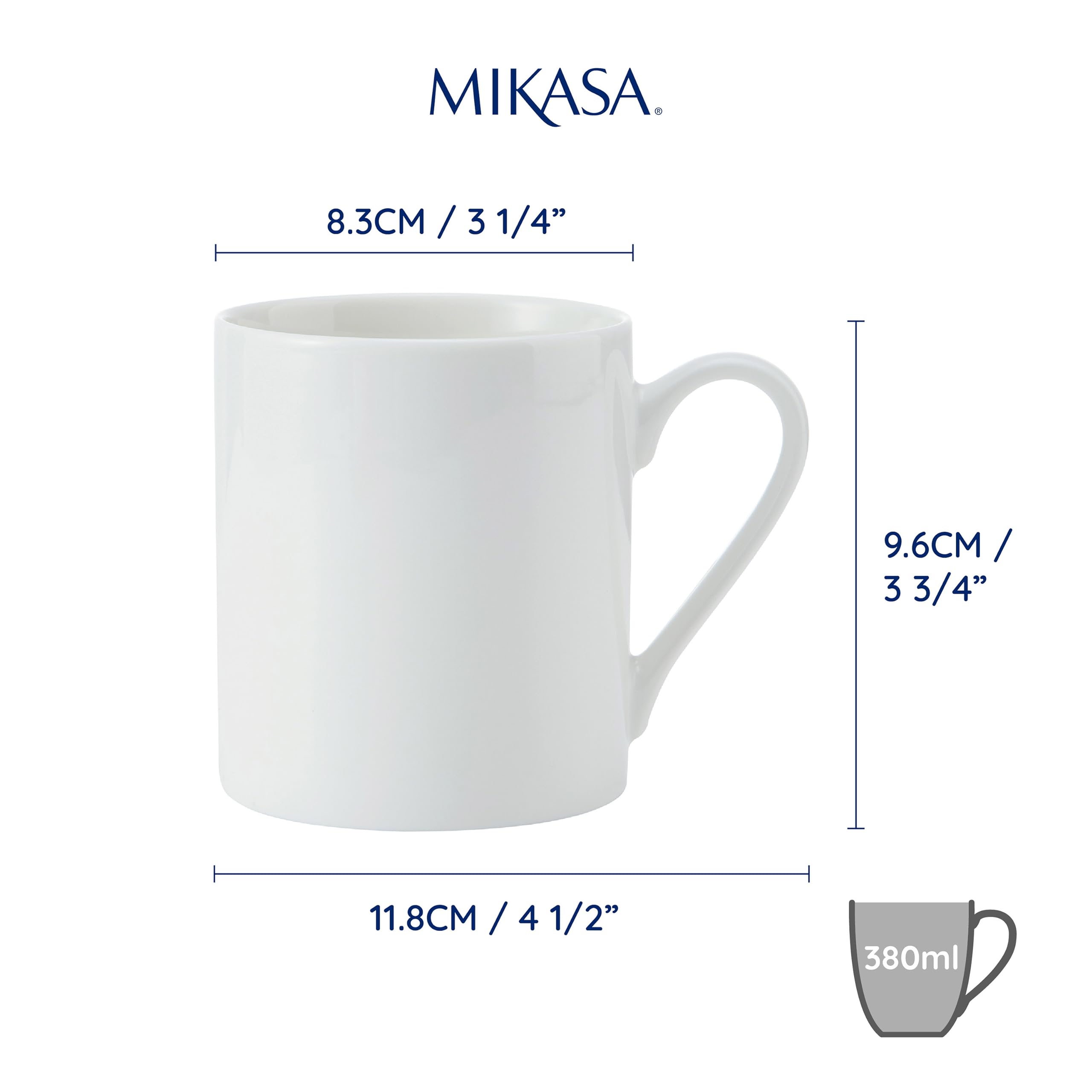 Mikasa Egret Juego de tazas de porcelana fina, 4 tazas blancas clásicas para té y café, 380ml - Caja de regalo y aptas para lavavajillas