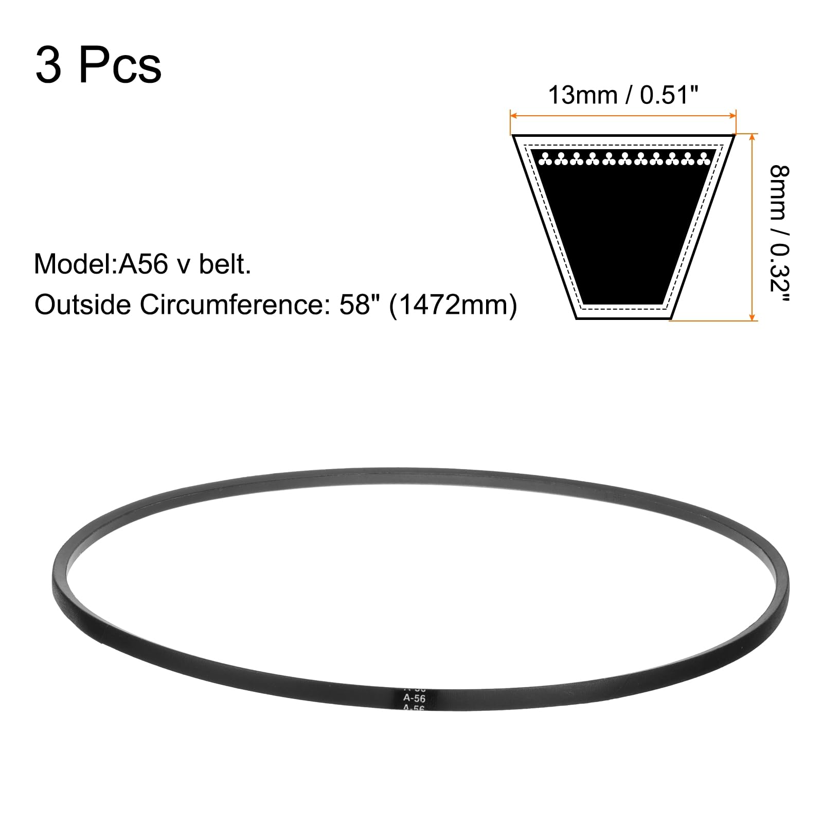 QUARKZMAN 3pcs A56 ou 4L580 Classic Wrapped Rubber V-Belt, 56" (1422mm) Longueur