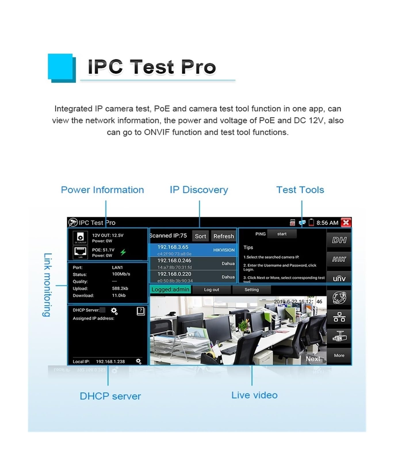 Tester CCTV, IPC-5200C Tester CCTV IPC Plus | Z 8MP AHD CVI TVI SDI Tester kamery 12MP Tester kamery IP 5,4" Ekran dotykowy Tester kabla do testowania kamer CCTV i IP.