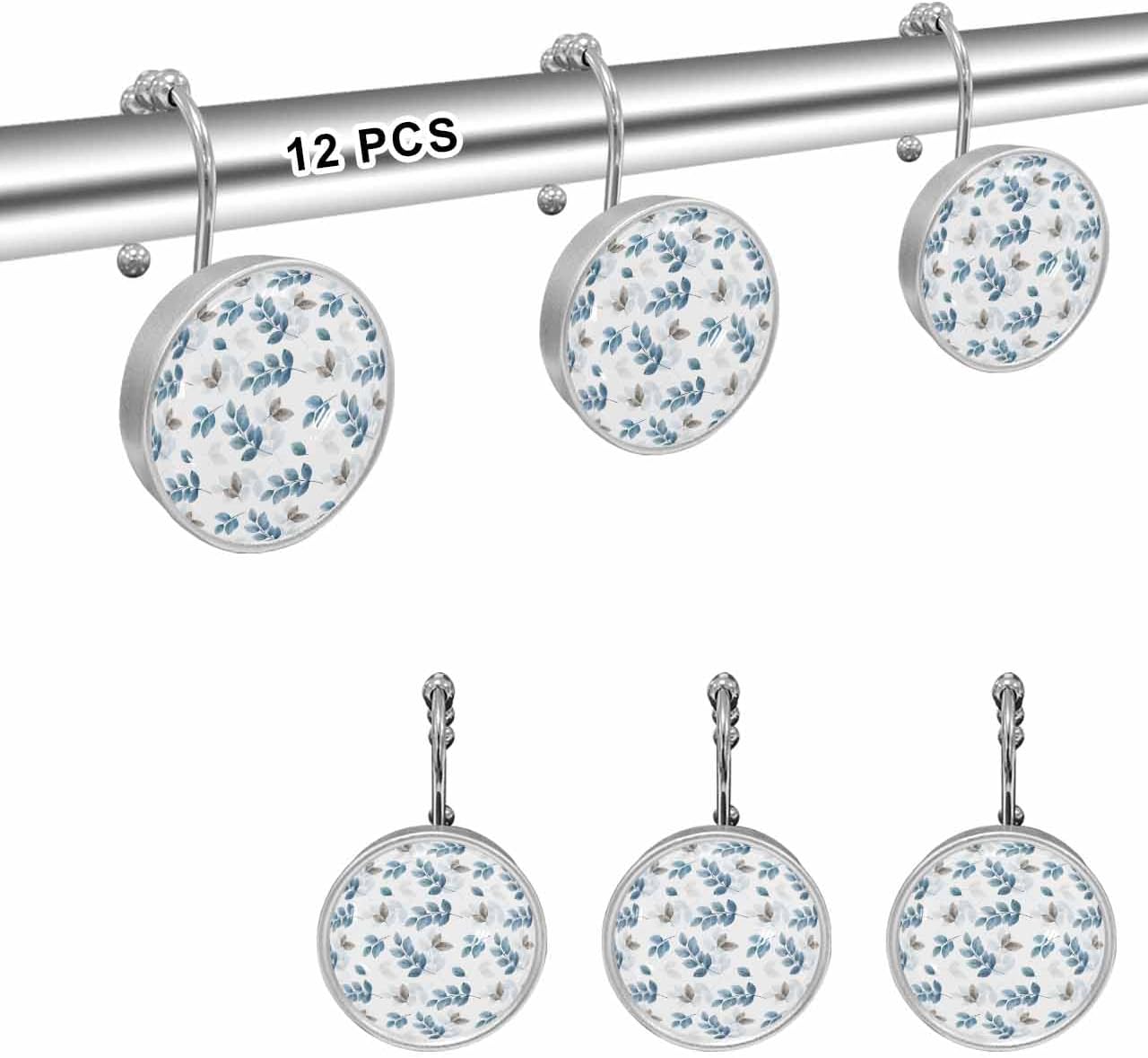 Shower Curtain Hooks 12 Pcs Blue Gray Eucalyptus Leaves White Background Stainless Steel Rust Proof Rolling Shower Curtain Rings, Decorative Shower Curtain Hooks Hangers for Bathroom