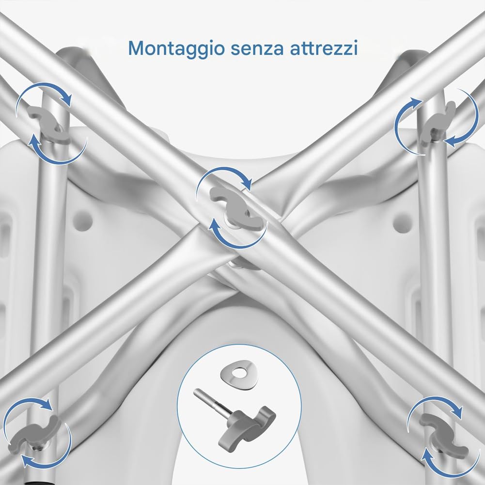 BAKAJI Sgabello da Doccia con Schienale e Braccioli, Struttura Alluminio e Seduta Ergonomica in HDPE, Sedile da Bagno per Anziani, Disabili e Persone con Mobilità Ridotta, Regolabile Altezza 83-93 cm