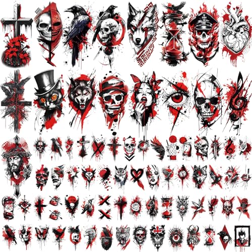 77 Sheets Temporary Tattoos for Adults and Kids, Cool Waterproof Fake Tattoos, Black and Red Trash Polka Half Arm Sleeve Small Tattoos