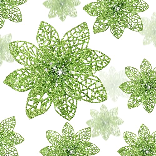 36 Pieces Christmas Glitter Poinsettia Flowers Wedding Glitter Flowers Christmas Tree New Year Ornaments (Mustard Green)