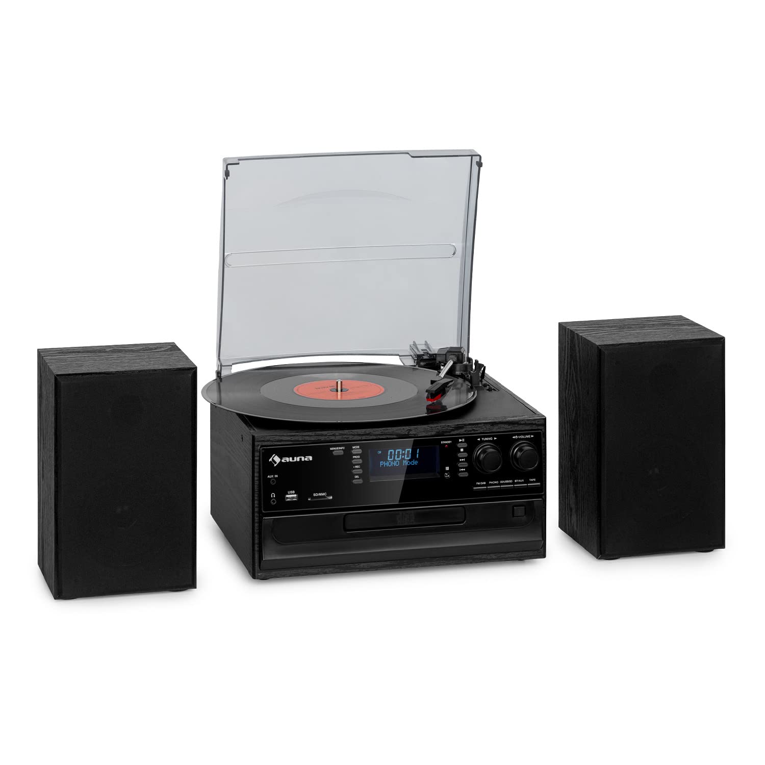 Auna Vinyl Record Player with Speakers, Retro Vintage Bluetooth Turntable, AUX, Stereo System