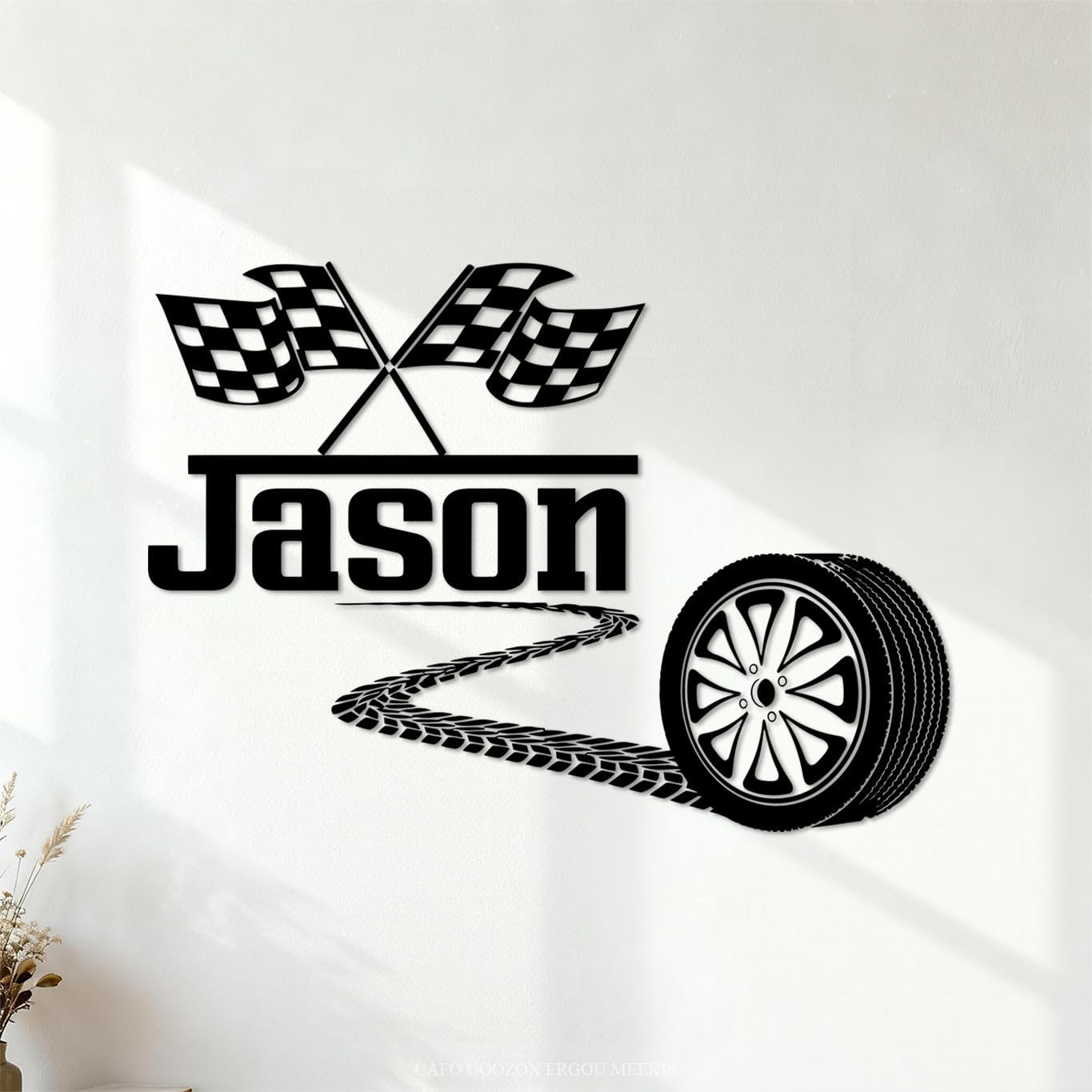 Racing Tire Checkered Flag Wheel Racing Flag Wall Decals Paster Paper 68x95.5cm Personalized Customization Black