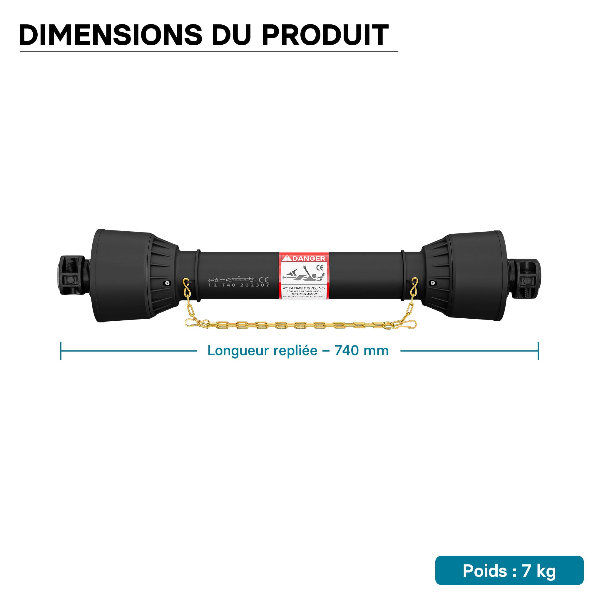WilTec Arbre de Transmission T2 Cardan 740-960mm 270Nm 540tr/min, Prise de Force, 23kW (31CV), 2X 1 3/8" 6D