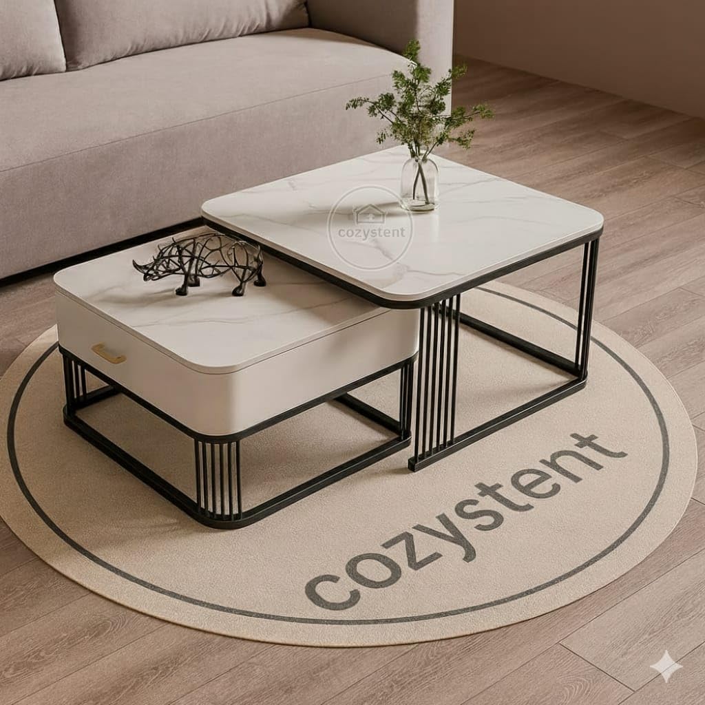 Modern Coffee Table with Drawer Storage, Engineered Wood Marble Finish Top & Metal Frame, 50x50x40 cm Center Table for Living Room, Bedroom & Office (Black White)