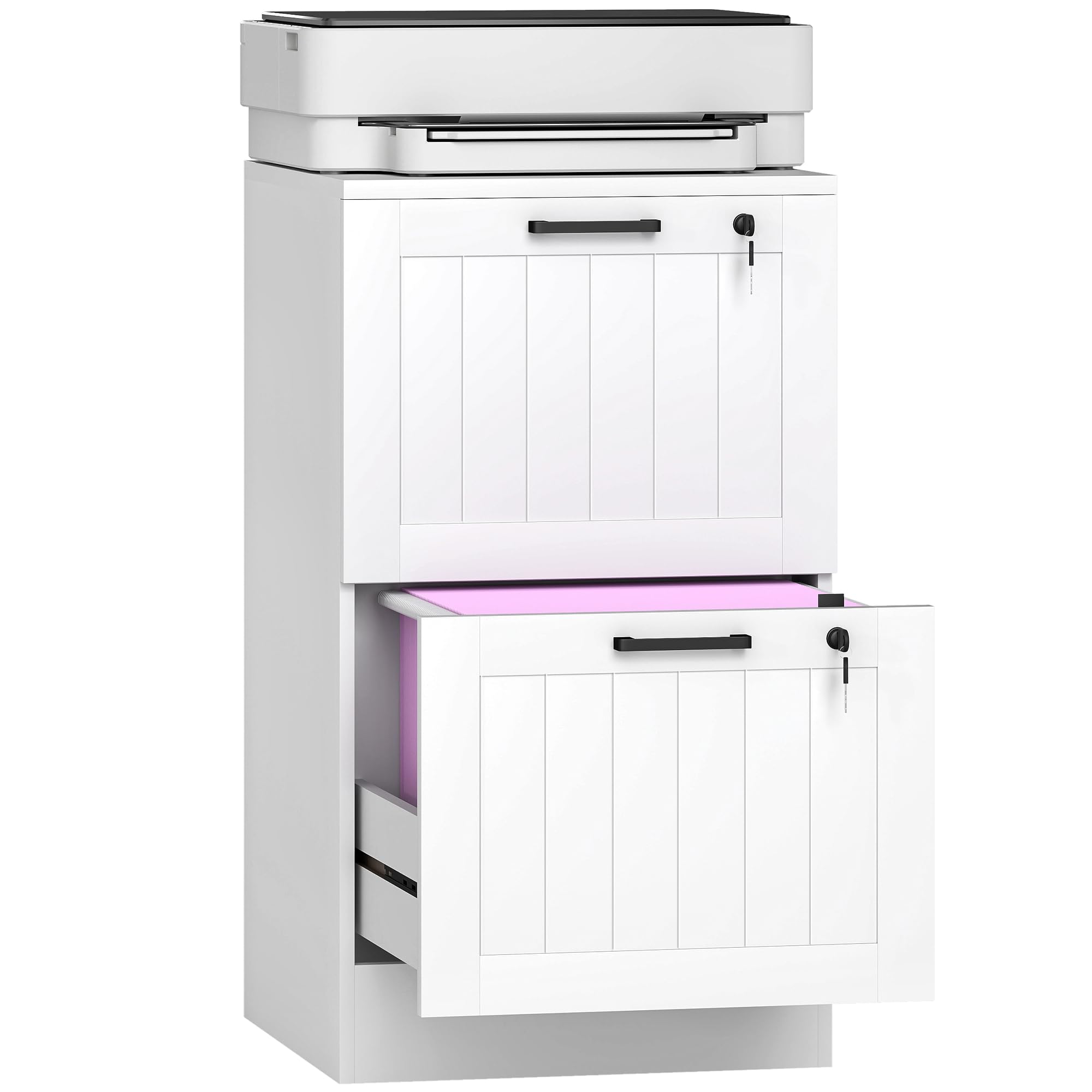 HOMCOM 2 Drawer File Cabinet with Lock, Vertical Filing Cabinet with Adjustable Hanging Bars for A4 and Letter Size File Folders, Printer Stand with Storage, White
