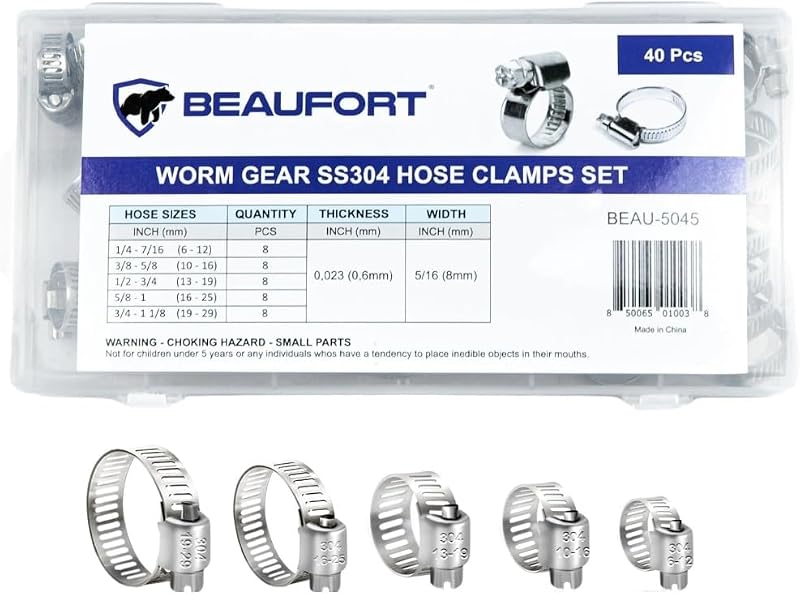 Kit de Abraçadeiras para Mangueira BEAUFORT em Aço Inoxidável 304, Rosca Sem-Fim – 40 unidades