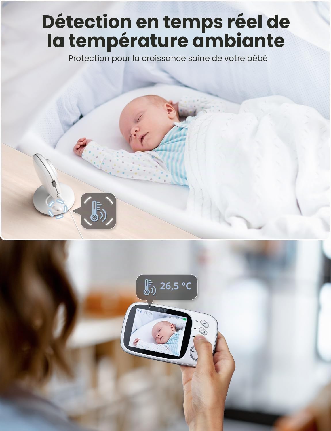 GHB Babyphone avec caméra 3,2" LCD moniteur bébé vision nocturne mode VOX berceuses et fonction interphone