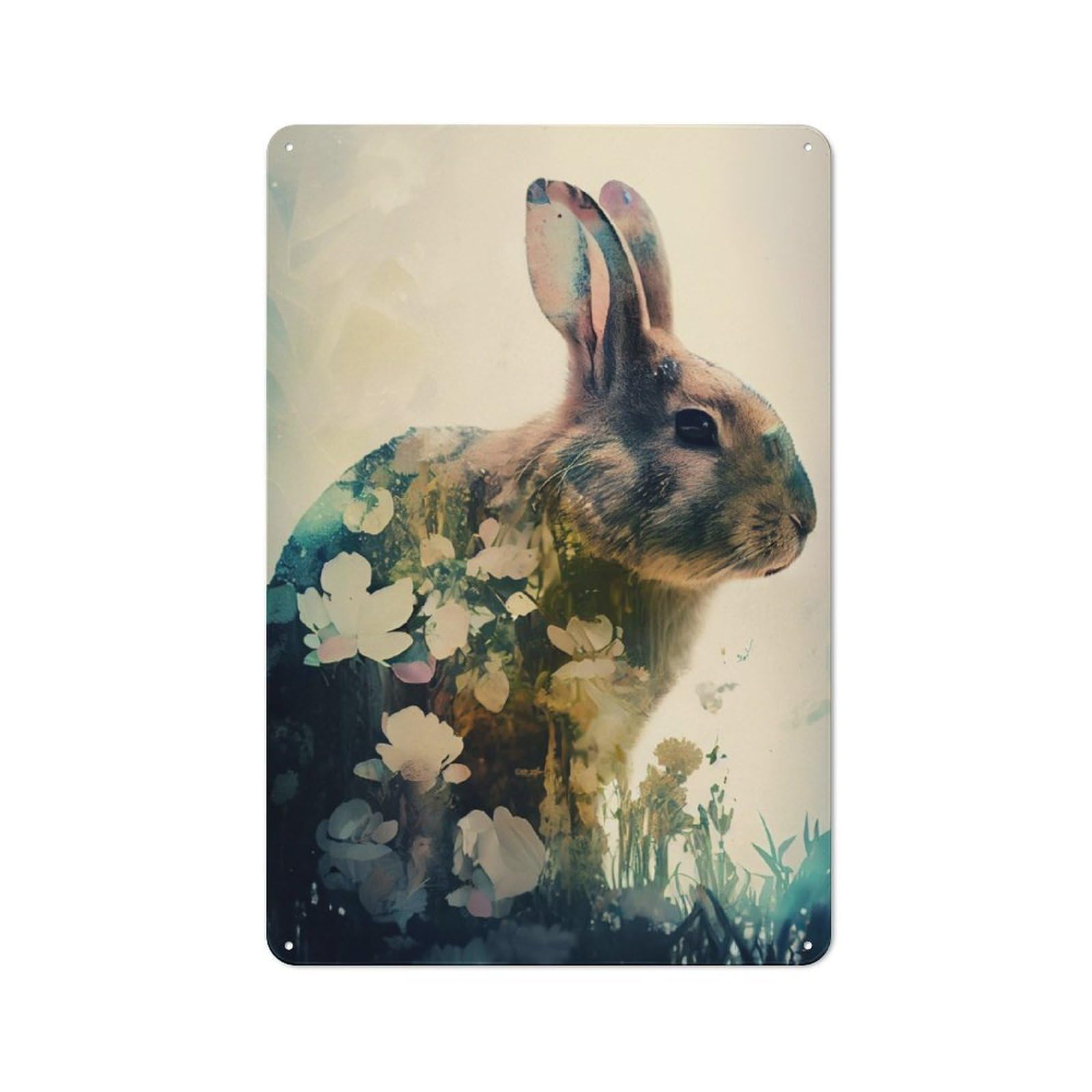 Junmoney Rabbit Flowers Metal Gift Sign 30X20cm, Vintage Home Wall Decor For Home, Shop, Pub Or Studio Wall