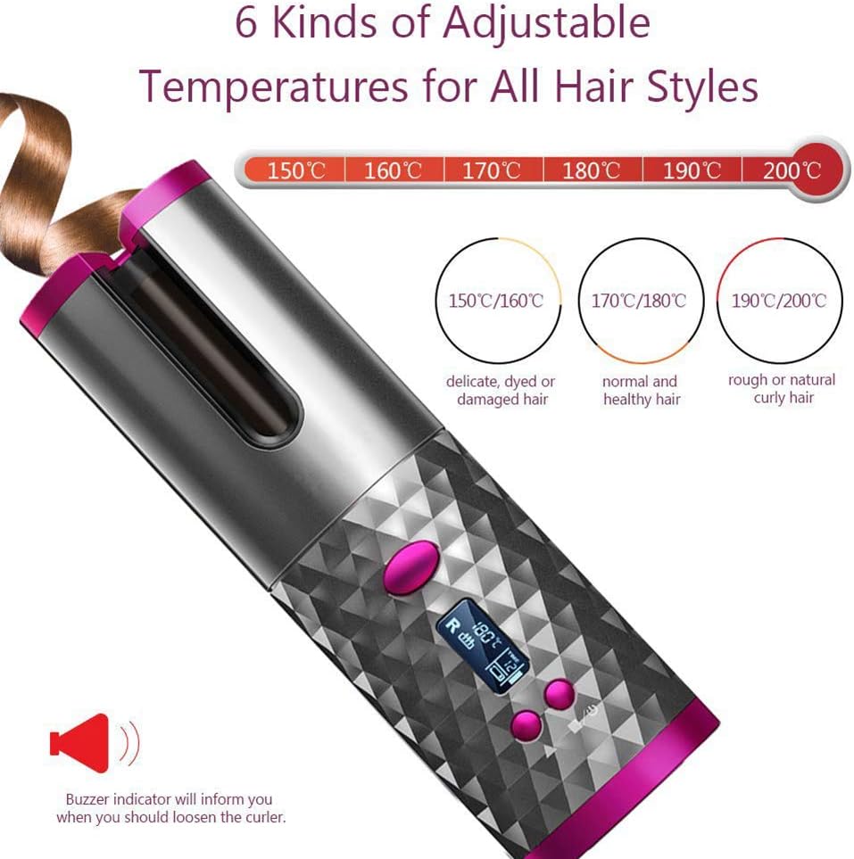 Cordless Automatic Hair Curler Portable Electric Wand Curling Iron with LCD Temperature Display Fast Heating Auto Rotating Ceramic Barrel Hair Curler USB Rechargeable for Travel, Home : Beauty & Personal Care