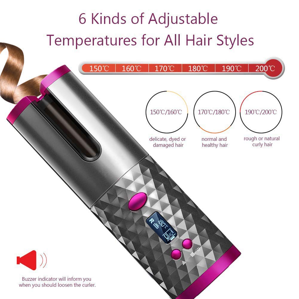 Cordless Automatic Hair Curler Portable Electric Wand Curling Iron with LCD Temperature Display Fast Heating Auto Rotating Ceramic Barrel Hair Curler USB Rechargeable for Travel, Home