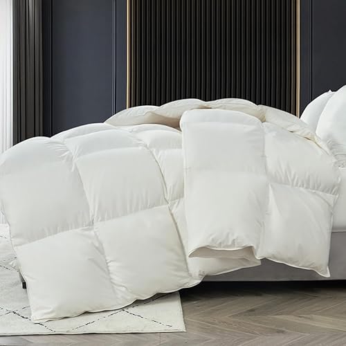 KUSNUG Edredón de plumas de ganso tamaño King, relleno de edredón esponjoso blanco para todas las estaciones, funda de edredón 100% algodón egipcio,