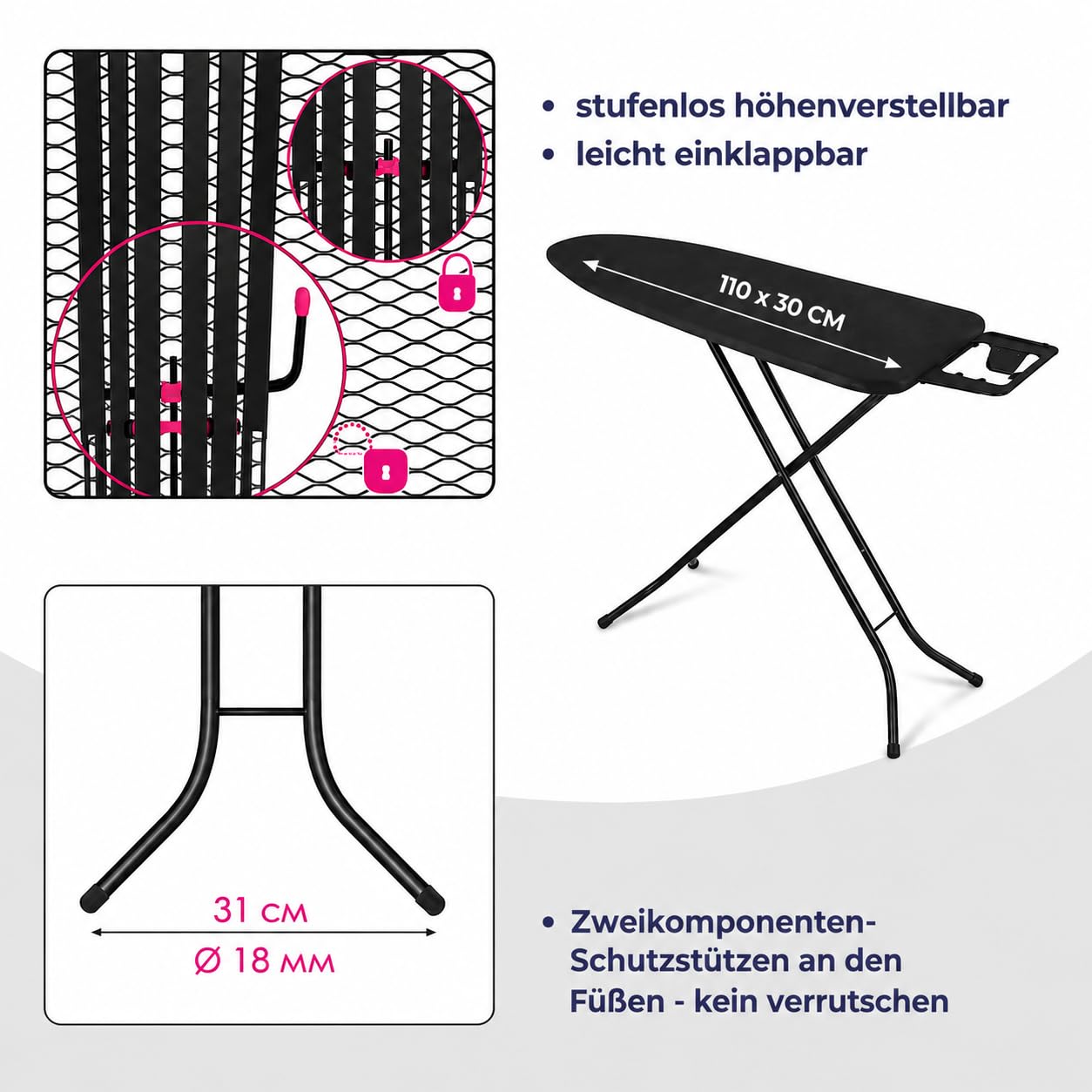 STAHLMANN® Bügelbrett schwarz [110 x 30 cm] – höhenverstellbarer Bügeltisch [platzsparend klappbar] – Bügelbrett mit Bügeleisenablage – Ironing Board