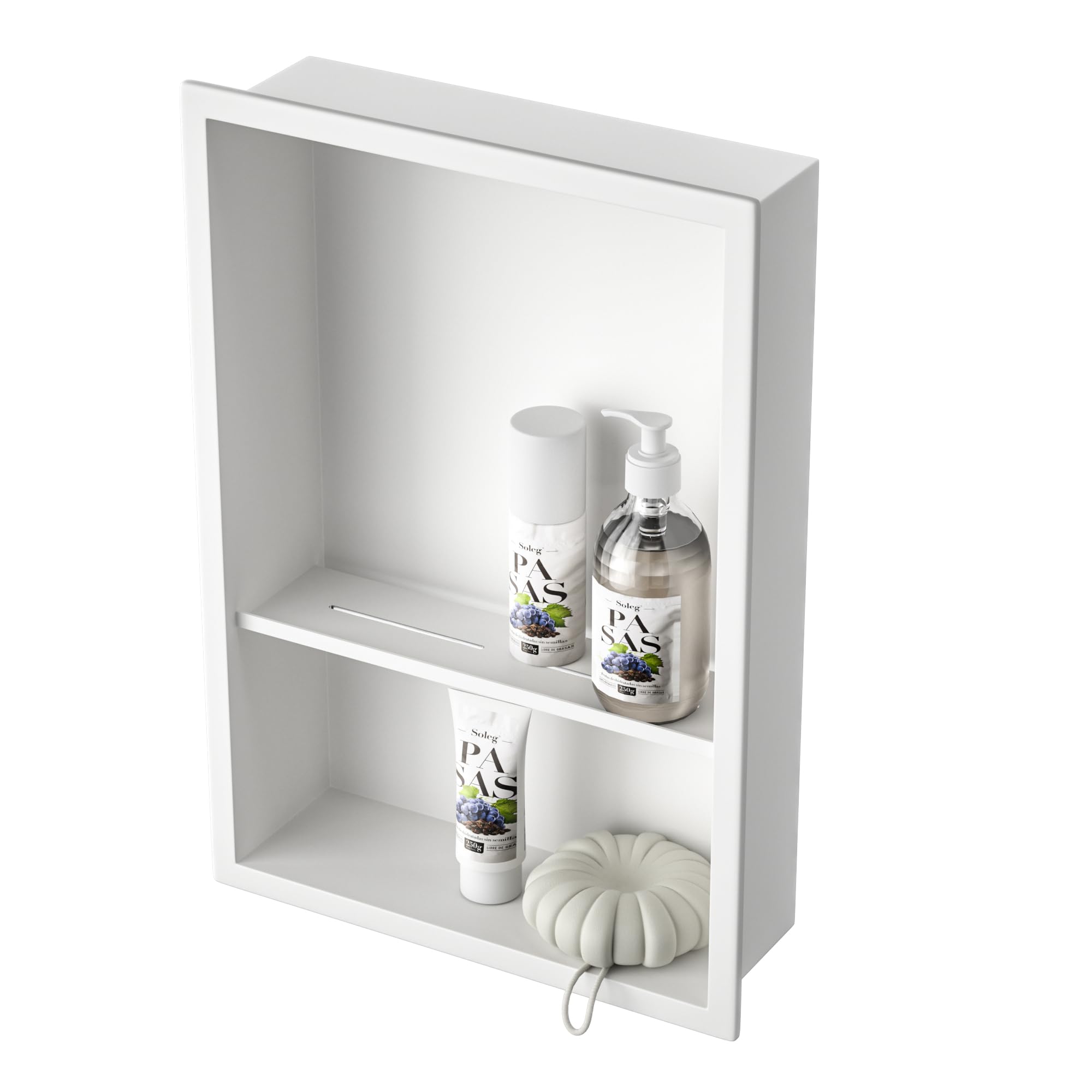 Bernkot Stainless Steel Shower Niche 18" X 12" White with 2-Tiers Shelf No Tile Needed Niche Shower for Bathroom Storage Recessed Wall Niches Over Mount Installation