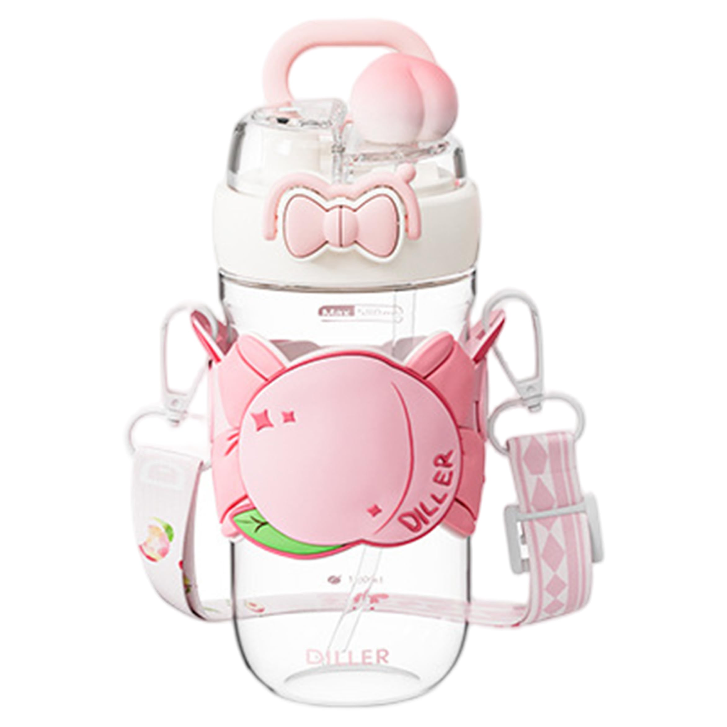 Botellas de Agua para niños Botella de Agua Kawaii de 580 ml con Tapa Doble para Beber y Correa Ajustable Funda de melocotón Lindo Vaso Estilo 1