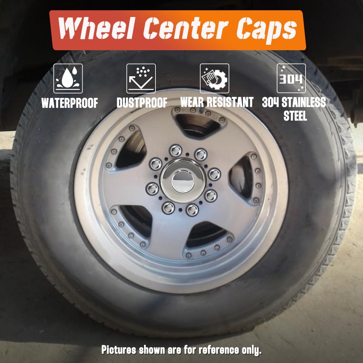 4-Pack Trailer Push Through Center Caps and Trailer Wheel Lug Sets - 4.90in Wheel Center Caps Chrome Wheel Cover Stainless Steel Hub Cap with 32 Chrome Capped 9/16″-18 Lug Nuts for Truck RV