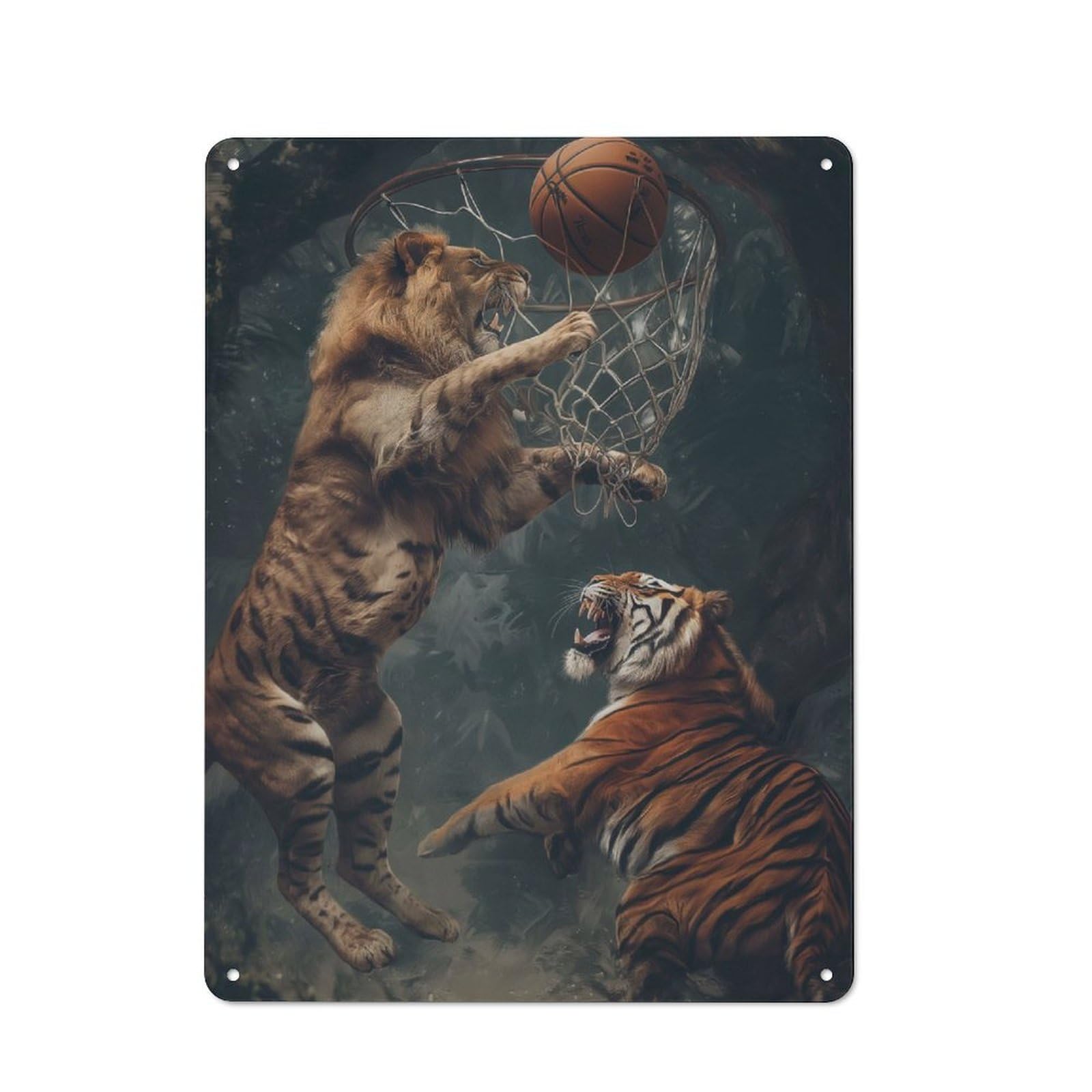 Junmoney Tiger Lion Basketball Game 40X30cm Rustic Metal Plaque With For Café Or Restaurant, For Themed Interiors In Cafés And Restaurants