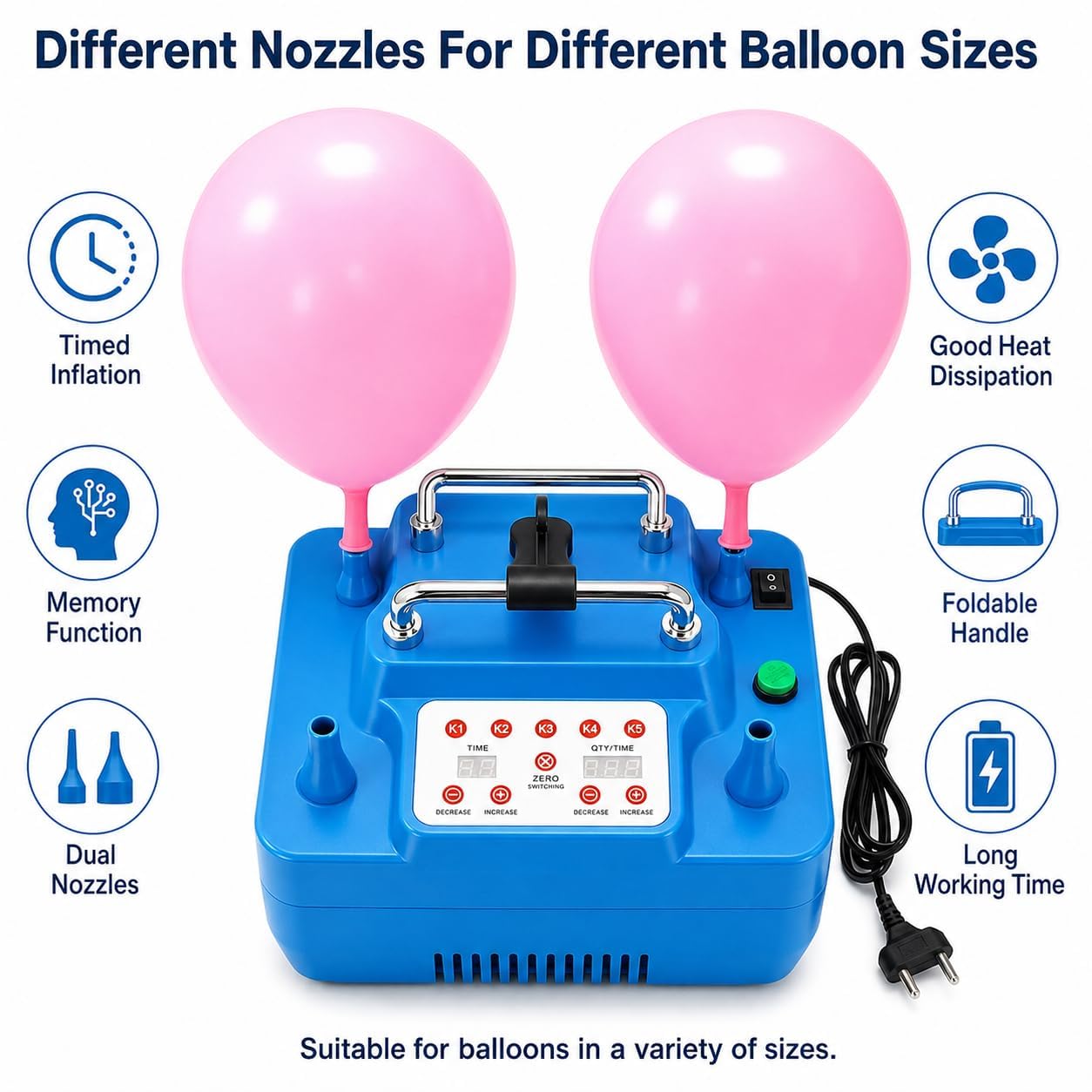Inflador de globos de doble boquilla de 800 W con temporizador y control de