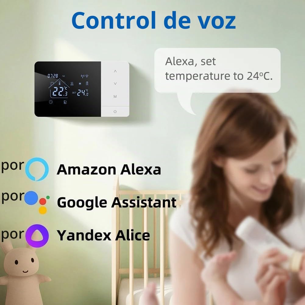 Termostato Wifi para calderas de gas con modos de calefacción y refrigeración, compatible con Tuya, aplicación móvil y control de voz, bloqueo infantil y funciones de modo nocturno