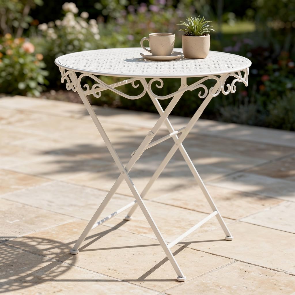 DiKasa Tavolo da Giardino Rotondo Pieghevole in ferro bianco - Tavolino da esterno in metallo verniciato a polvere stile shabby chic, salvaspazio per balcone, terrazzo, veranda o giardino, Ø70x76 cm